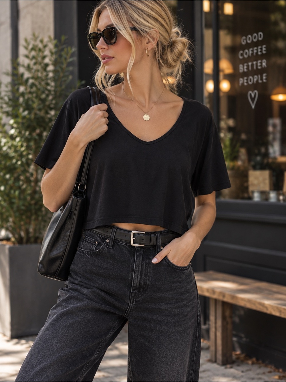 The Group by Babaton Black Cropped V-Neck Boxy T-Shirt Medium